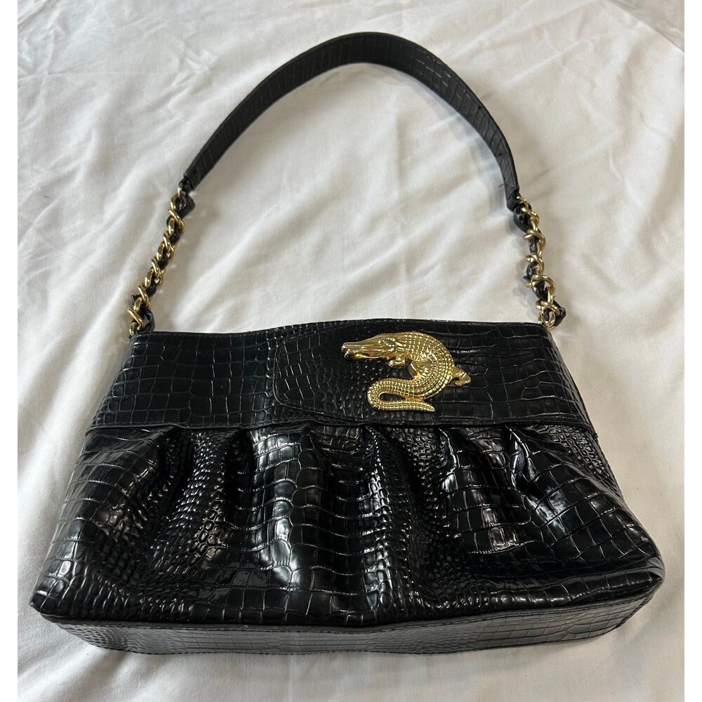 Bueno Black Crocodile-Embossed Shoulder Bag